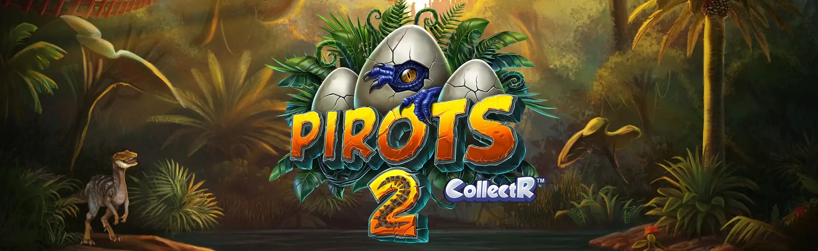 Pirots 2 Werbebanner mit Dinosauriern und den vier Vögeln
