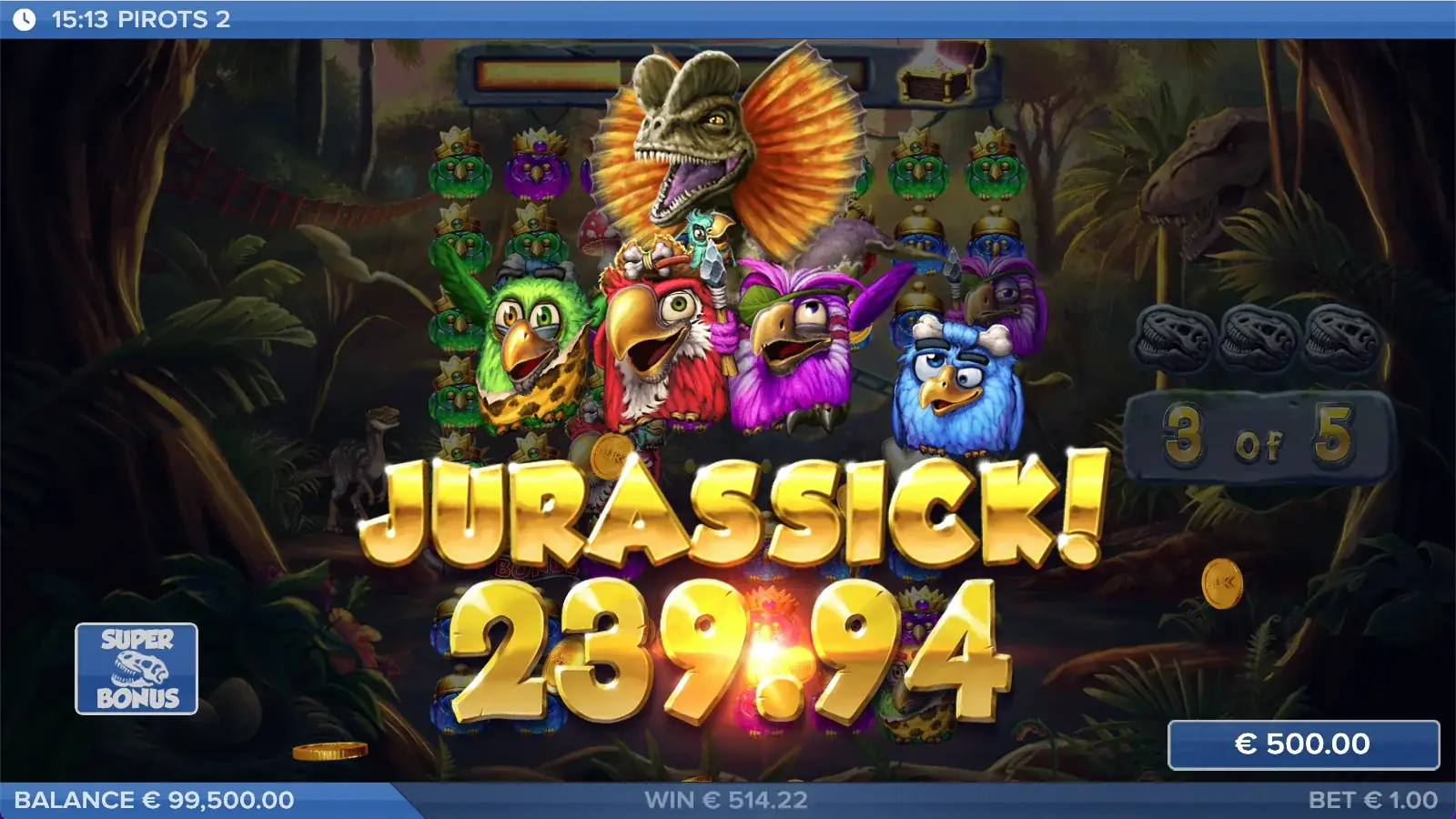 Pirots 2 Jurassick-Win-Screen mit Gewinnanimation