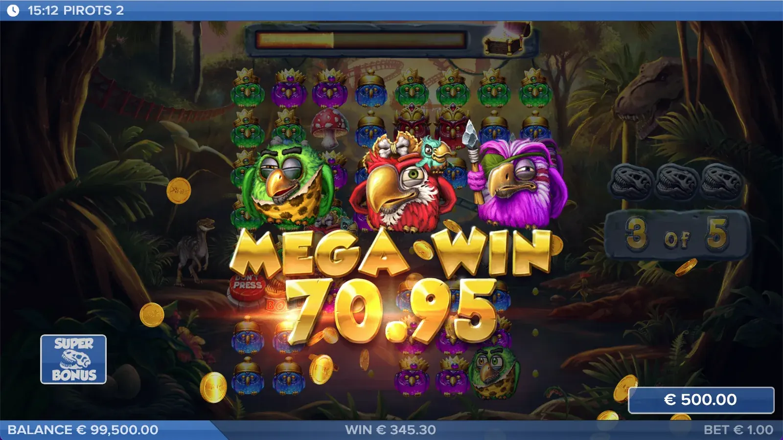 Pirots 2 Mega-Win-Screen mit Gewinnanimation