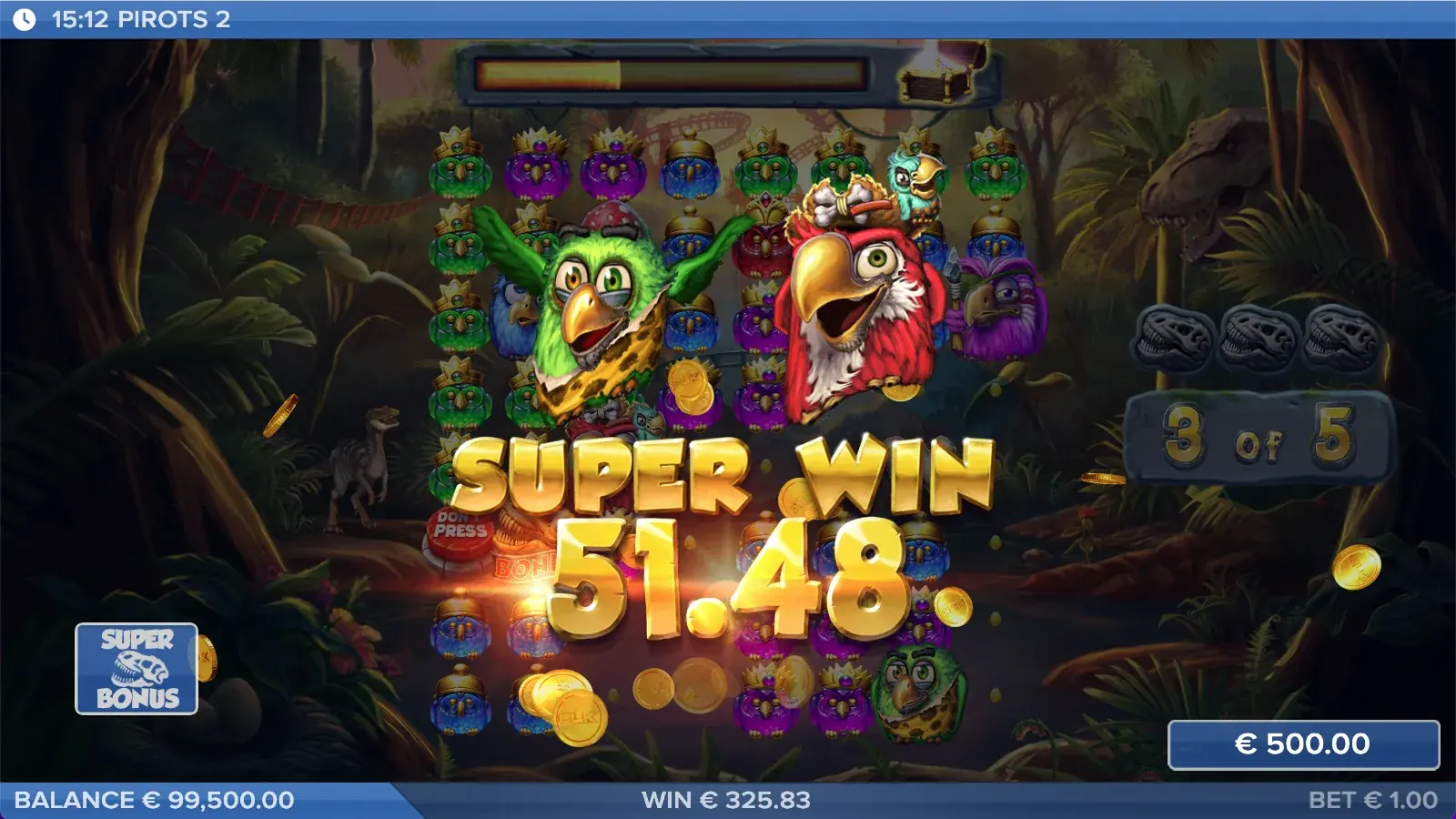 Pirots 2 Super-Win-Screen mit Gewinnanimation