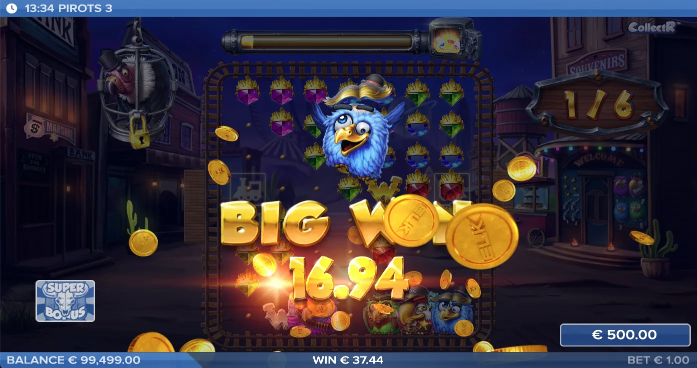 Pirots 3 Big-Win-Screen mit Gewinnanimation