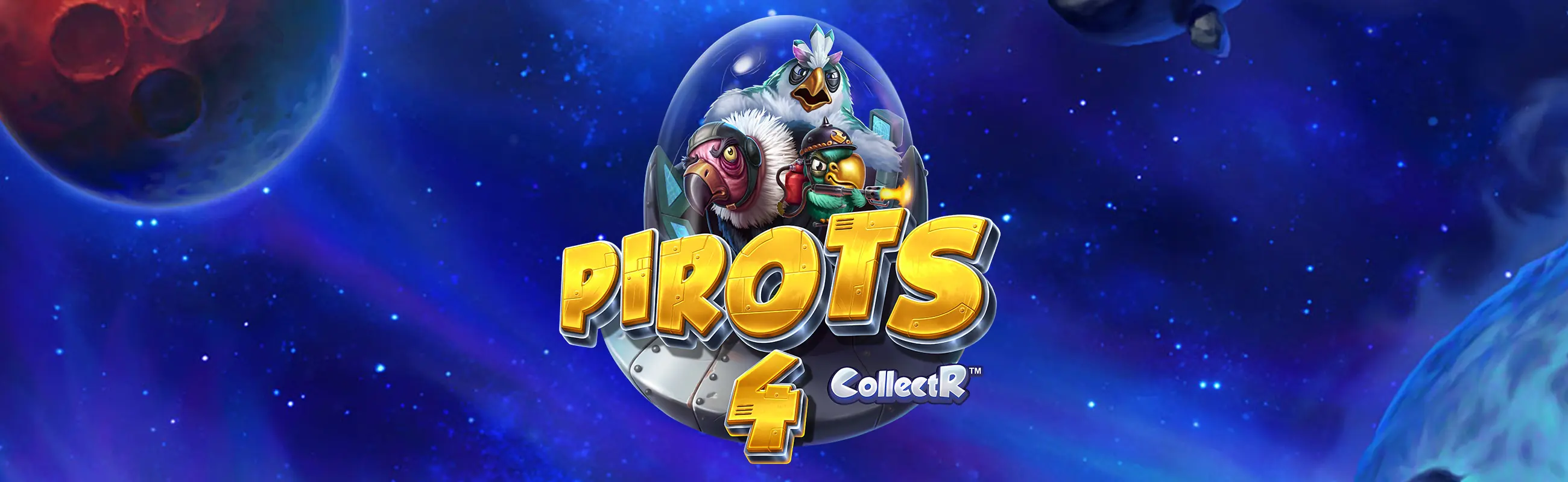 Pirots 4 Werbebanner mit Weltraum-Thema