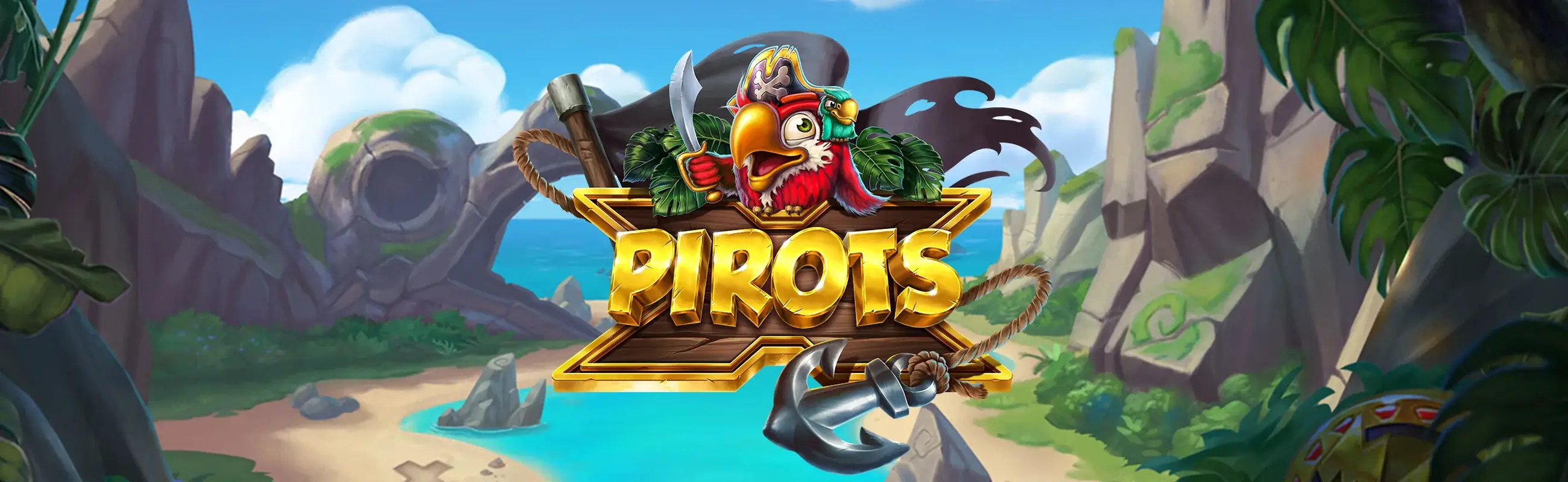Pirots X Werbebanner mit Piraten- und Schatzthema