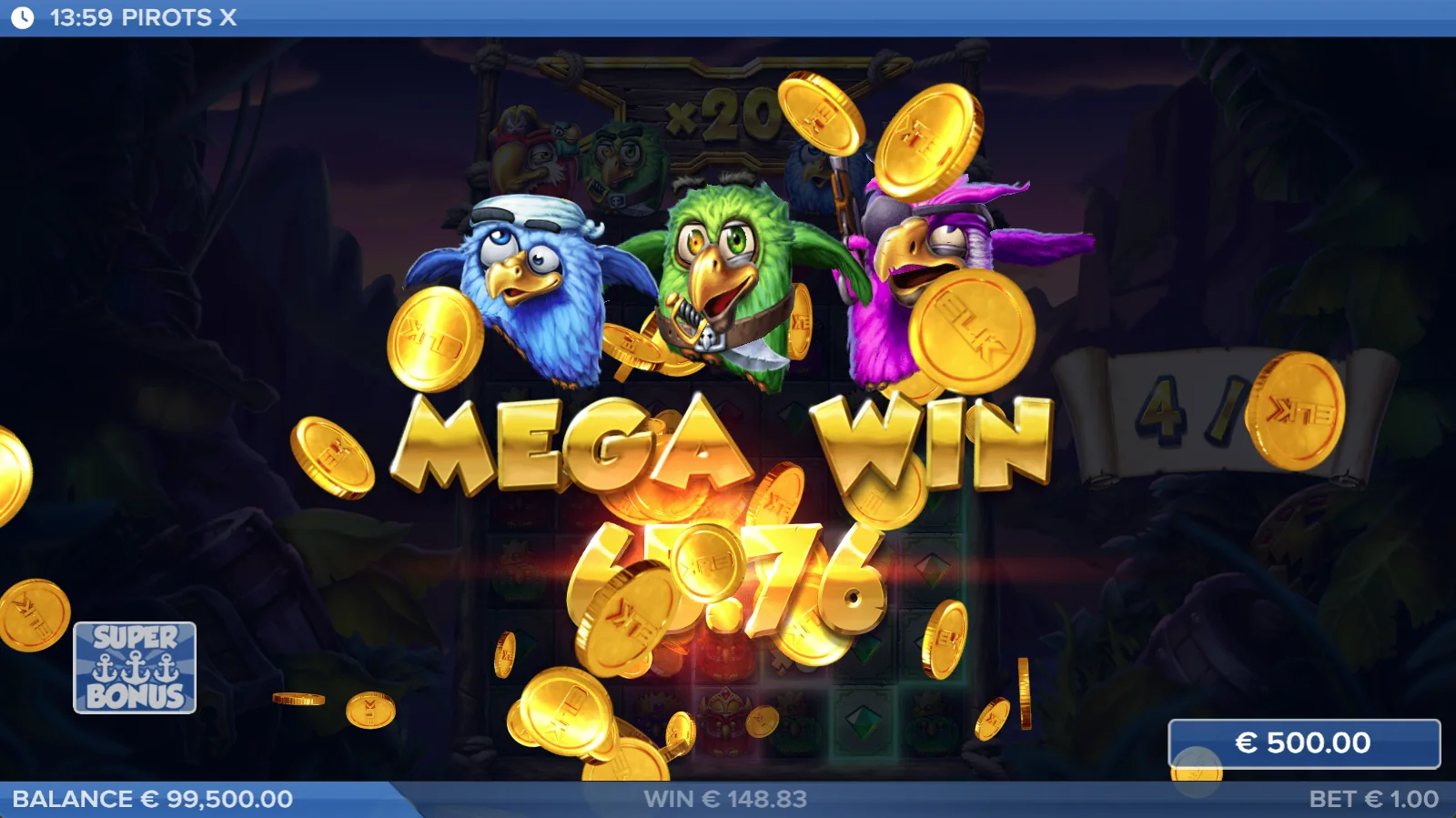 Pirots X Mega-Win-Screen mit Gewinnanimation