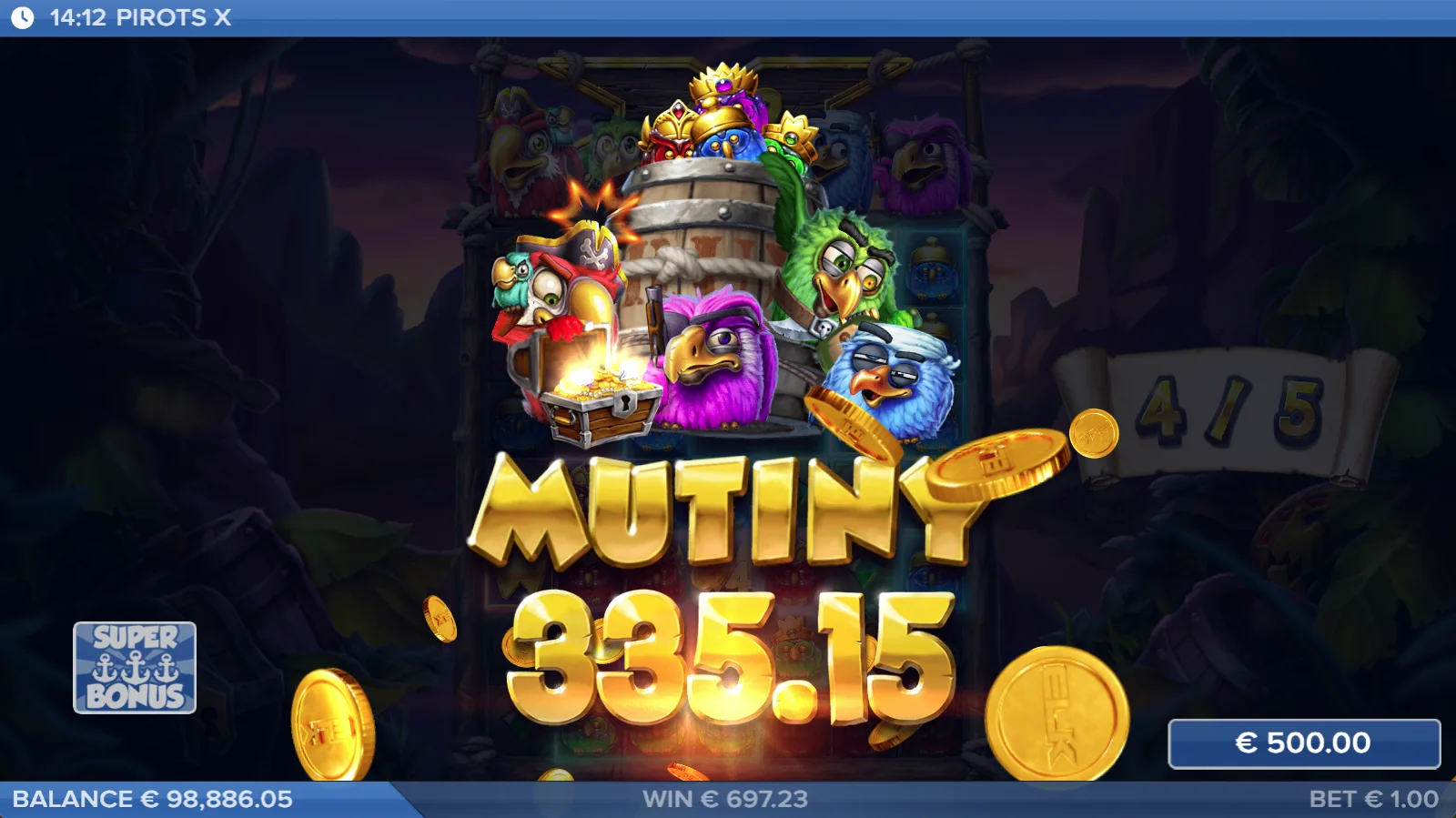 Pirots X Mutiny-Win-Screen mit Gewinnanimation